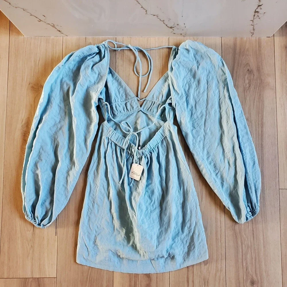 Free People Endless Summer Fine Lines Dress Womens XS Blue Long Sleeve Mini Boho